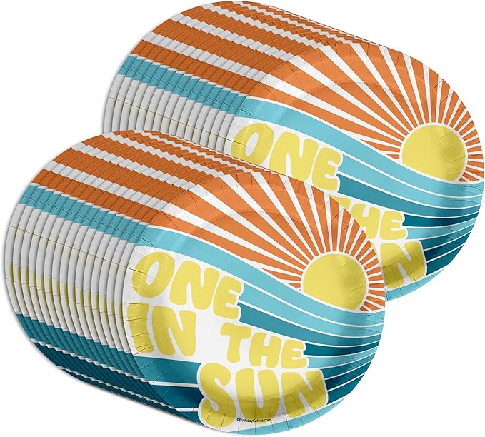 One In the Sun Summer First Birthday - 32 Piece Disposable Party Supplies - Decorations for Boy's 1st Birthday Round Party Plates - Large 9" Paper Plates In Bulk