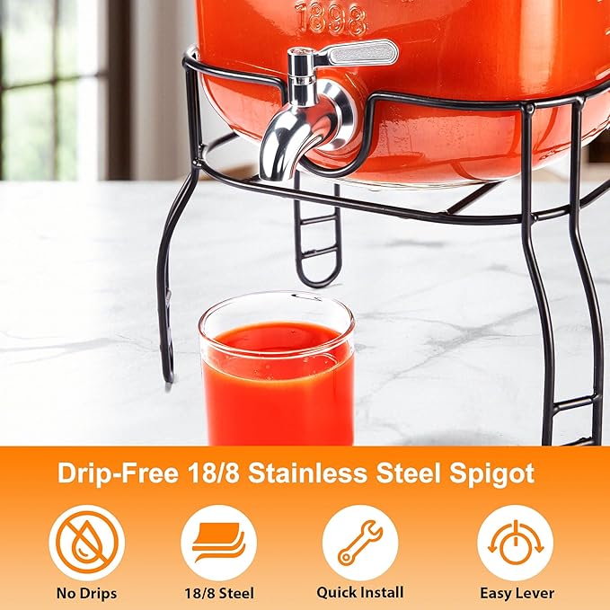 2 Gallon Large Glass Drink Dispenser Set, Beverage Dispensers with Stand & 18/8 Stainless Steel Spigot, Leakproof for Lemonade, Sun Tea & Iced Tea