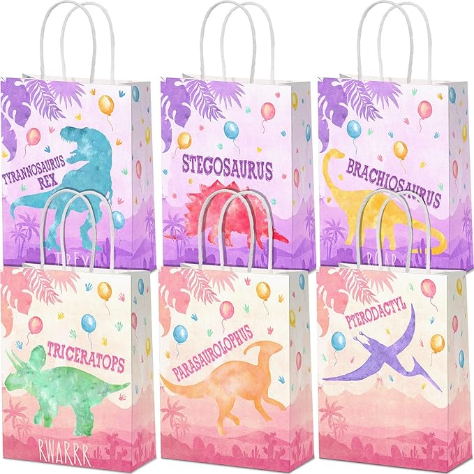 Pajean 24 Pcs Dinosaur Candy Bags with Handle, Dinosaur Party Favor Paper Bags Kids Gifts Goodie Treat Wrapping for Boys Girls Dino Theme Birthday Baby Shower Party Supplies(Dino Girl)