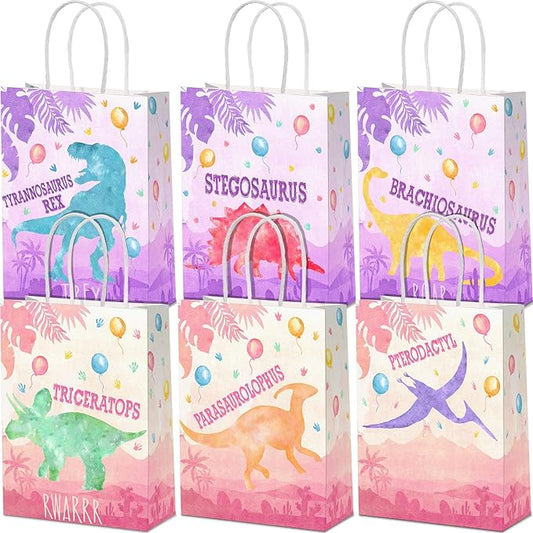 Pajean 24 Pcs Dinosaur Candy Bags with Handle, Dinosaur Party Favor Paper Bags Kids Gifts Goodie Treat Wrapping for Boys Girls Dino Theme Birthday Baby Shower Party Supplies(Dino Girl)