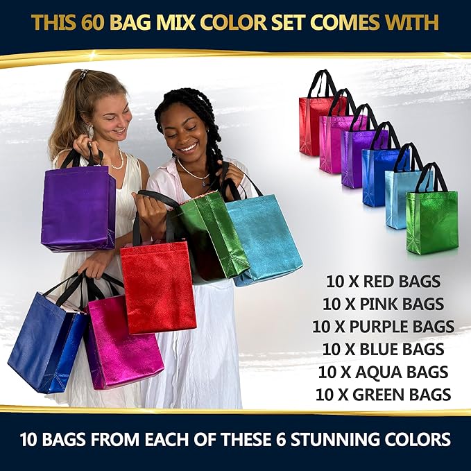 Nush Nush Set of 60 Gift Bags Bulk Medium Size - Mix of 6 Vibrant Colors Reusable Bulk Gift Bags with Handles With Glossy Finish - Perfect Goodie Bag for Christmas, Birthday, Thanksgiving – 8x4x10