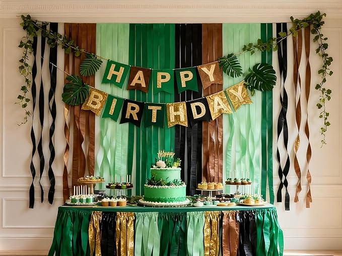 Green Jungle Backdrop Crepe Paper Streamers 492ft Birthday Fringe Party Curtain for Banner, Party Group Photo Background for Camp, Jungle Safari, Big Foot, Woodland Theme