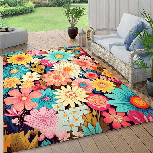 Large Floral Outdoor Rug for Patio Balcony Deck Camping Poolside Garden Machine Washable Waterproof Porch Backyard Outside Carpet 7x10 Blue Yellow Pink Flower Mat Easy Clean