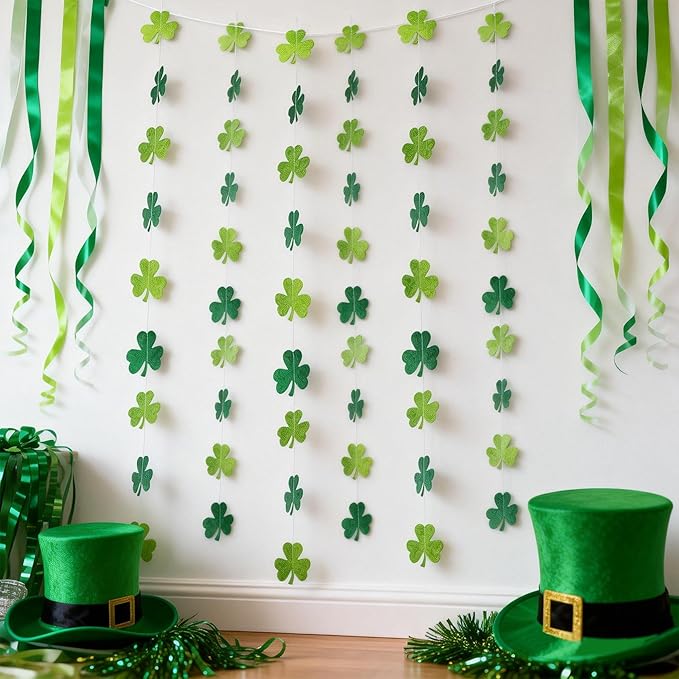40Ft Glitter Shamrock Clover Garland St. Patrick's Day Decor Light Dark Green Hanging Streamer for Irish Lucky Spring Party Home Office Decor Supplies