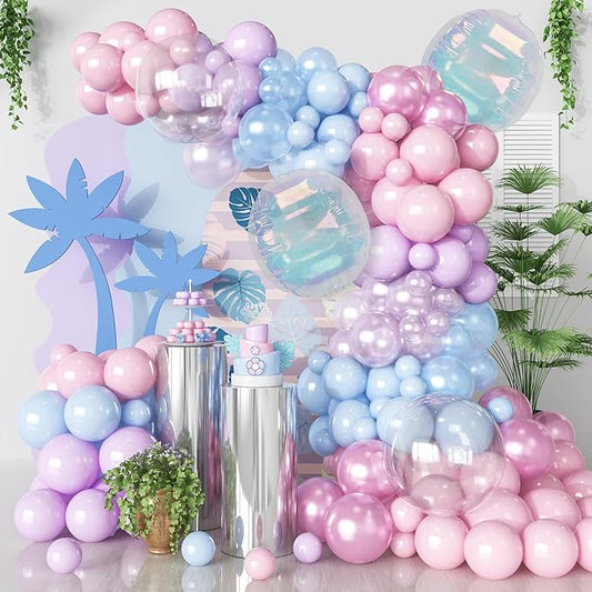HILAVO Pink Blue Purple Balloons Arch Kit Iridesent Balloons Clear Balloon Pastel Pearl Pink Purple Lavender Blue Balloon Garland for Girl Gender Reveal Hawaii Birthday Baby Shower Mermaid Party Decor