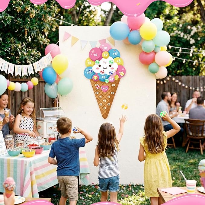 Seenelling Ice Cream Party Game 26 x 14 Ice Cream Dart Board with 12 Sticky Balls Toys Summer Games Two Sweet Birthday Decorations Three Scoops of Fun Birthday Decor Party Favors