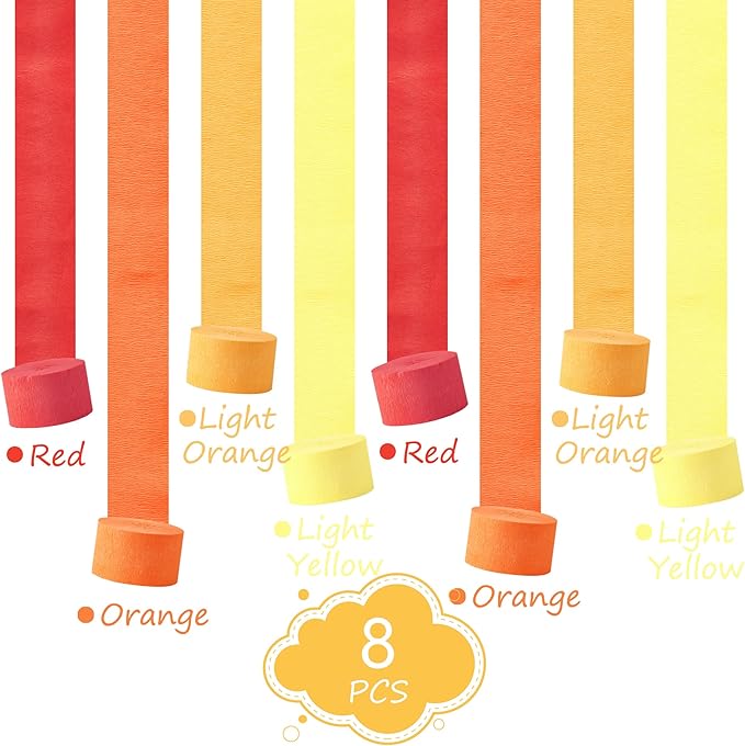 Orange Streamers Party Decorations, 8 Rolls 656ft Red Orange Yellow Crepe Paper Streamers for Thanksgiving Birthday Anniversary Firefighter Fall Decorations Supplies