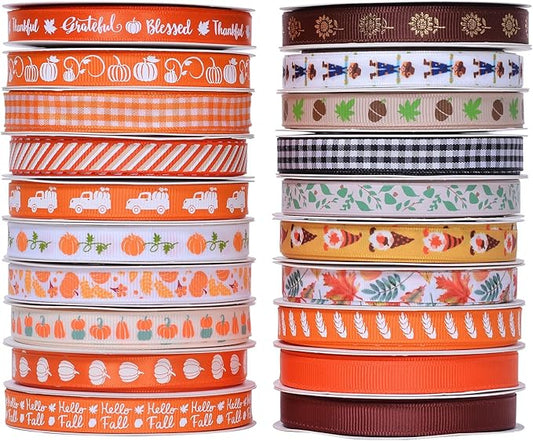 Ribest Fall Ribbon Thin, 3/8 Inch Grosgrain Pumpkin Thanksgiving Ribbons for Crafts Gift Wrapping Bows Making Autumn Harvest Decor 20 Rolls 100 Yards