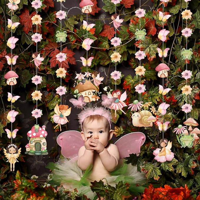 Daifunli 8 Pcs Fairy Party Decorations Fairy First Birthday Hanging Garlands Banner Butterfly Mushroom Flower Paper Cutouts Streamer for Wall Ceiling Decor Wonderland Garden Tale Floral Party Supplies