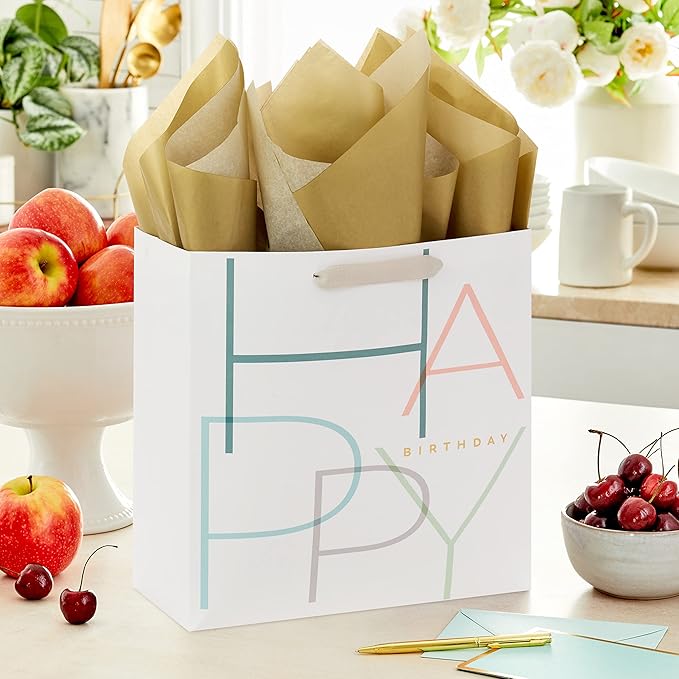 Hallmark Signature Studio 10" Large Square Gift Bag with Tissue Paper (Happy Birthday) Teal, Gray, Pink, Blue on White