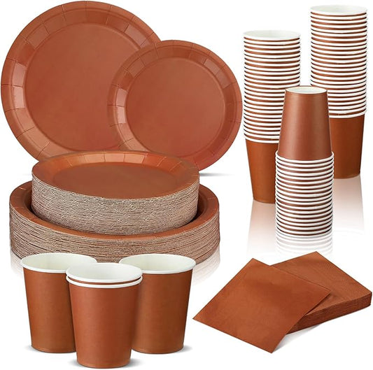 Dandat 200 Pcs Sage Green Paper Plates and Napkins Set, Disposable Dinnerware Includes 7'' & 9'' Paper Plates, Cups, Napkins for Birthday, Baby Shower, Wedding Party(Terracotta)