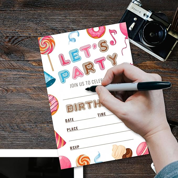 Sweet Candy Birthday Party Invitations, Let's Party Candyland Invites with Envelopes, 25 Pcs 4x6 Inch, Candy Donut Balloons Macarons, Childlike Bright Colors (Colorful Pattern)