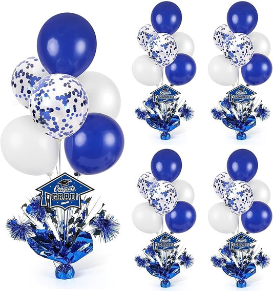 4 PCS Graduation Centerpieces for Tables Balloons Stand Holder Kit College Graduation Decorations 2026 Metallic Glitter Foil Balloon for Graduation Party Decorations Prom Send off Party(4, Blue White)