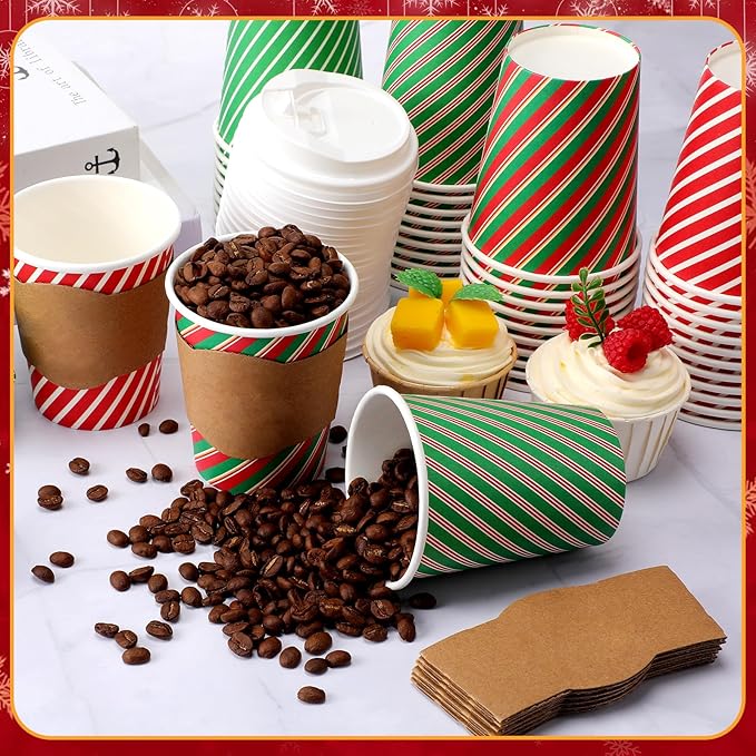 Mimorou 100 Pcs 8oz Fall Plaid Disposable Coffee Cups with Lids and Sleeves Autumn Thanksgiving Coffee Paper Cups for Cold Hot Drinks Fall Thanksgiving Party Supplies (Striped Style)