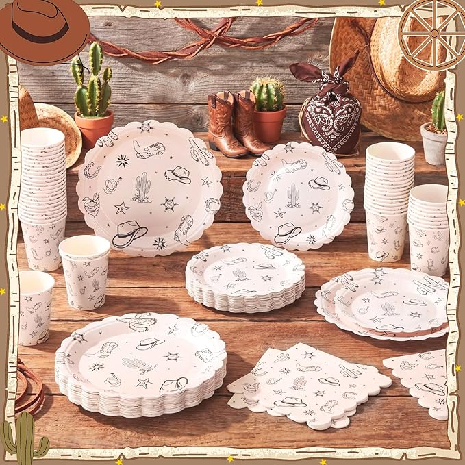 Domensi 250 Pcs Western Cowboy Party Decorations Cowboy Paper Plates Napkins and Cups Serve 50 Wild West Disposable Tableware Set for Rodeo Birthday Baby Shower Party Supplies Decoration