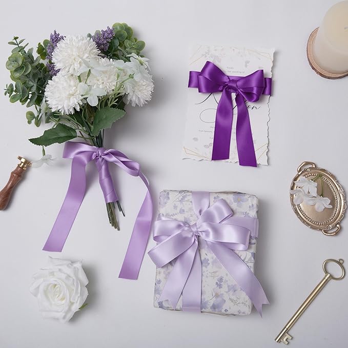 QIANF Purple Double Face Satin Ribbon 1 Inch x 45 Yards Lavender Fabric Ribbon for Gift Wrapping, Flower Bouquets, Hair Bows Making, Wedding Decoration, Invitation Cards, Christmas (3 Rolls *15Yd)