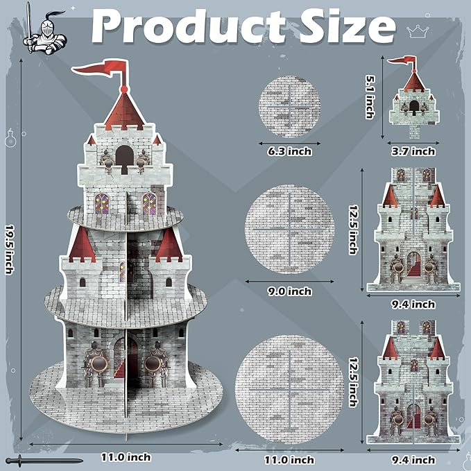 Medieval Knight Cupcake Stand 3 Tiers Castle Birthday Party Cardboard Cupcake Holder Decorations Knight Dessert Tower Party Supplies for Kids Birthday Baby Shower Gender Reveal decoration