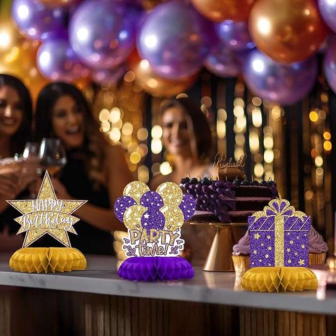 Purple and Gold Birthday Decorations – 12PCS Honeycomb Table Centerpieces for Women Adults – Happy Birthday Table Decor Party Supplies