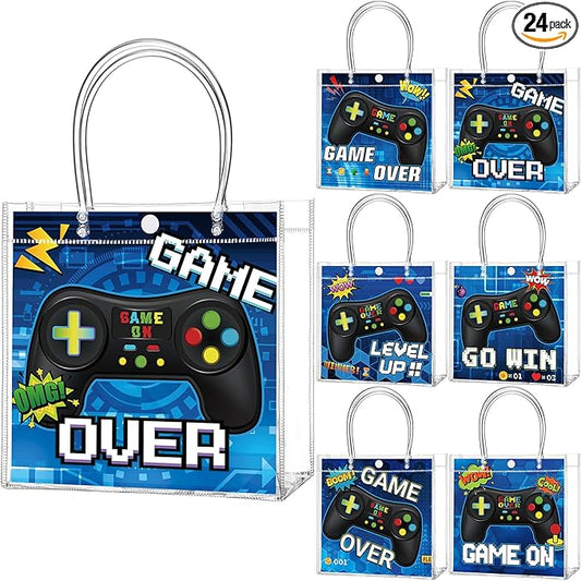 Teenyyou 24 Pcs Video Game Party Favor Bags PVC Clear Goodie Treat Tote Gift Bags with Handles Gaming Theme Birthday Party Supplies
