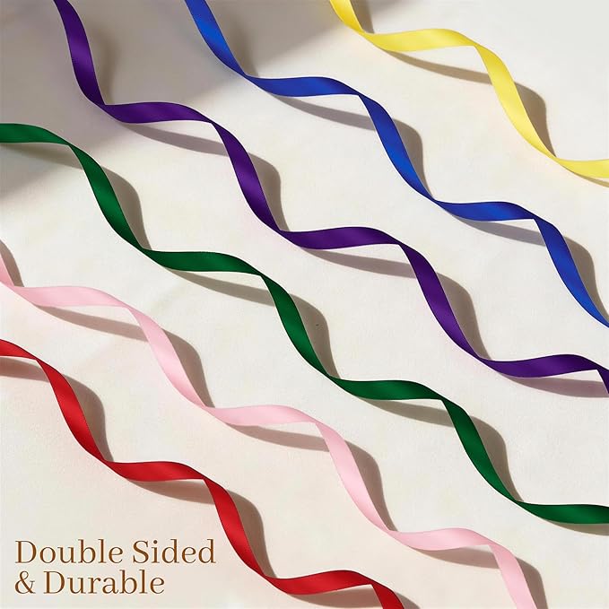Rainbow Satin Ribbon Set, 10 Colors, 3/8 Inch x 6 Yard Each, 60 Yards Total, Double Faced Colorful Ribbon for Crafts, Gift Wrapping, Hair Bows, Wedding and Party Decorations, DIY Projects