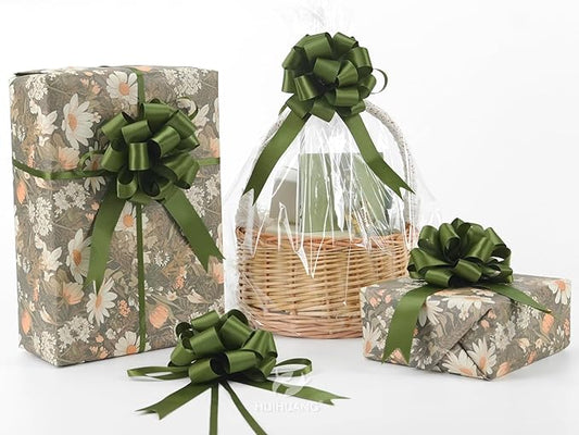 HUIHUANG Green Bows for Gift Wrapping 12 PCS Moss Green Pull Bows 4" x 8" Satin Gift Bow for Presents, Gift Basket, Paper Bag, Wrapping Accessories, Baby Shower Favors, Wedding Christmas Decor
