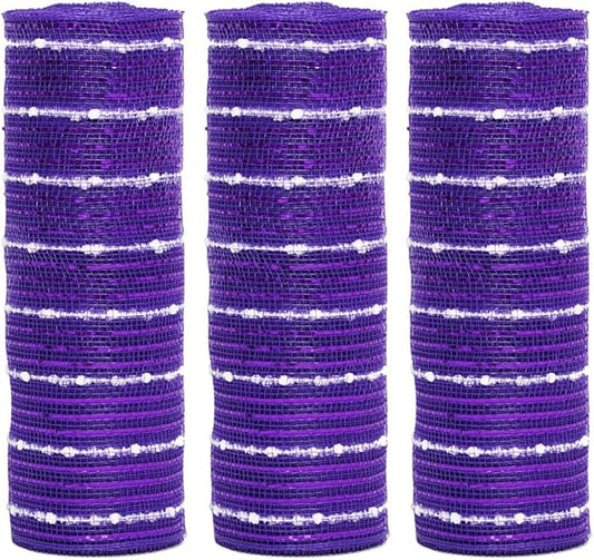 3 Rolls Purple Snowball Deco Mesh Ribbon for Wreath Making Supplies, 10 Inch x 30FT Metallic Foil Burlap Deco Mesh Fabric for DIY Crafts Christmas Tree Wreath Swags and Decorating