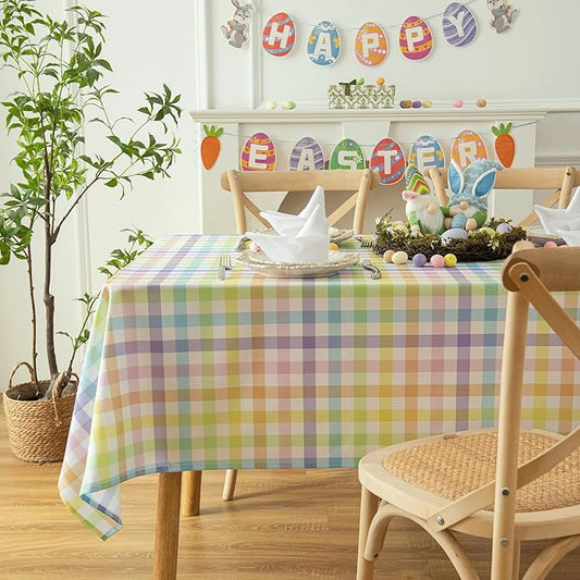 Waterproof Checkered Tablecloth Fabric - Colorful Rectangle 58x84 Inch Easter Table Cloth for Indoor/Outdoor Use - Table Cover for Kitchen, BBQs, and Parties