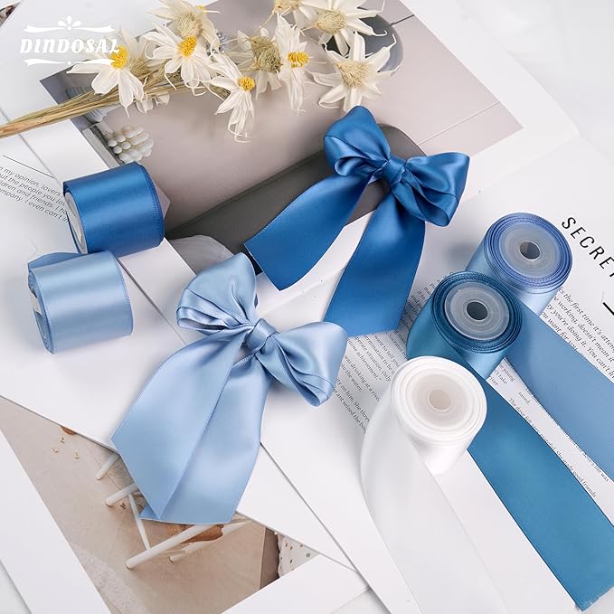 Dusty Blue Satin Ribbon Set, 1 1/2 Inch x 25 Yards, 5 Rolls French Blue Antique Blue Ribbon for Wedding, Flower Bouquet, Gift Wrapping, Hair Bows, Crafts and Party Decorations