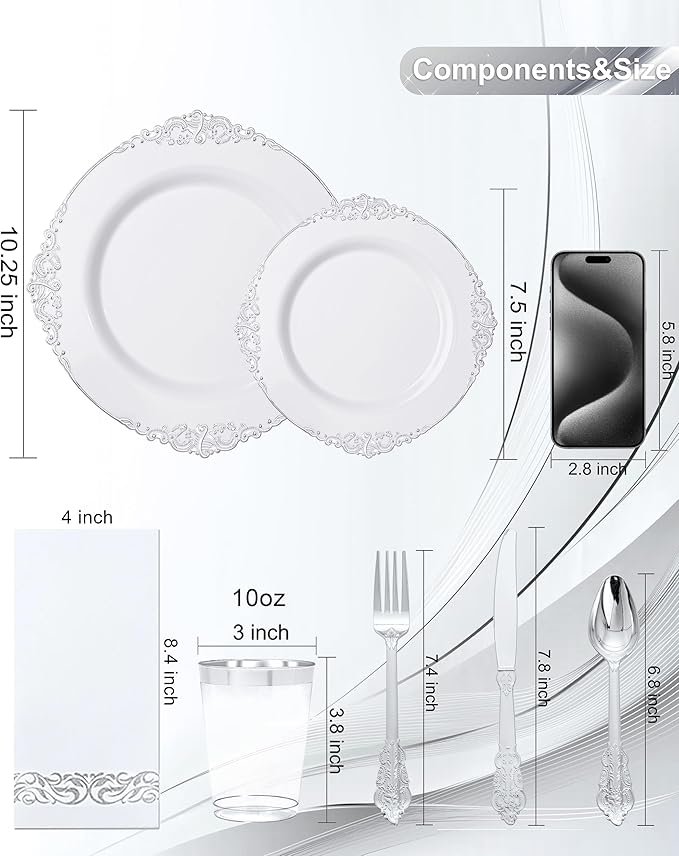 Nervure 350PCS Silver Plastic Dinnerware - White and Silver Disposable Plates for 50 Guests - 100 Disposable Plates, 150 Plastic Silverware, 50 Cups, 50 Napkins for Wedding & Party