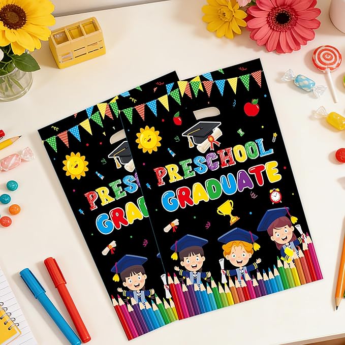 MOIZYNG 50Pcs Preschool Graduation Gift Bags with Handles, Black Preschool Graduate Plastic Snack Treat Goodie Bags for Boys Girls Class of 2026 Ceremony School Prom Party Supplies