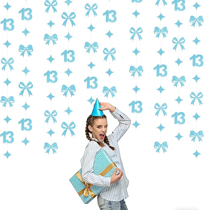 Glitter Blue 13th Bow Birthday Decorations Teal Blue Conquette Bow Garland Streamer Banner Backdrop for Girls Happy 13th Birthday Official Teenager Cheers to 13 Years Old Anniversary Party Supplies
