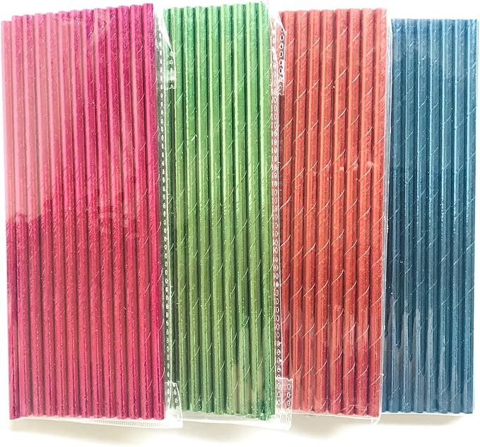 100 pcs Mixed Biodegradable Colorful Party Paper Straws, Colored Pure Plain Hot Pink Blue Red Green Foil Rainbow Drinking Straws Bulk, Holiday Birthday Wedding Cake Pop Sticks (Solid Metallic)