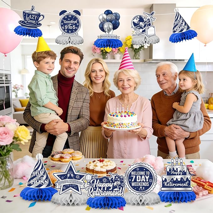9 Pcs Retirement Party Decorations Honeycomb Centerpieces, Blue Silver Happy Retirement Table Decorations, Funny Officially Retired Table Toppers for Men Women Party Supplies