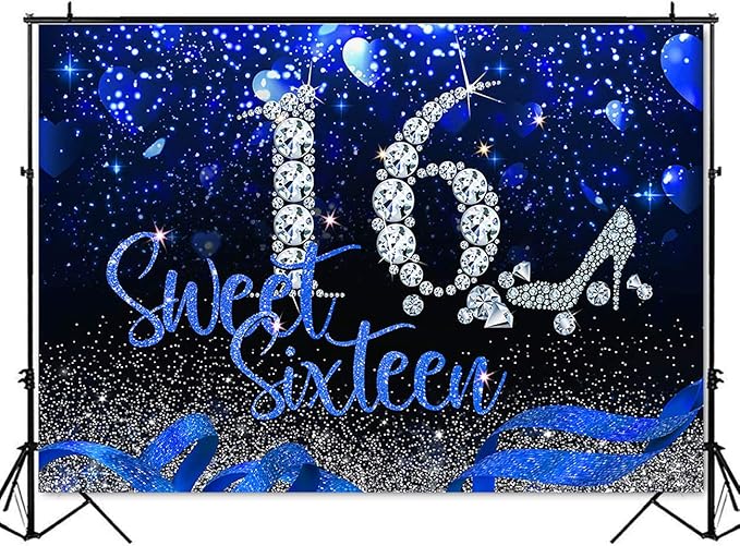 Mocsicka 7x5 Sweet 16 Birthday Backdrop Blue and Silver Sixteen Birthday Decoration for Girls Happy 16th Banner Background for Photography Party Supplies (7x5ft (82x60 inch))