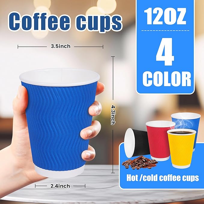 MOUMOULIFE 12 oz Disposable Paper Coffee Cups, 100 Pack 4-Color Assortment (Black, Blue, Red, Yellow), Leak-Proof Insulated Ripple Wall To-Go Cups for Hot/Cold Drinks, Home Office Cafe Party