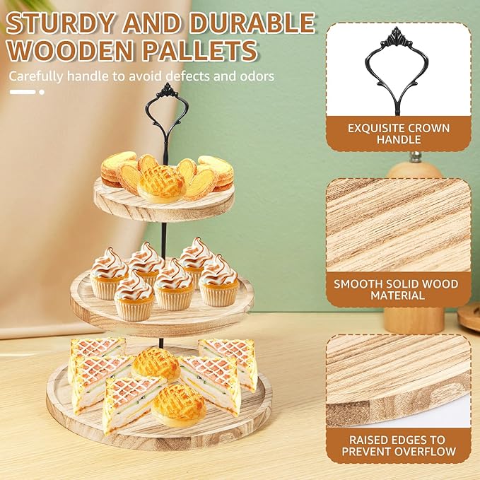 Wood Cupcake Stand 3 Tiers Large Cupcake Holder, Wooden Cake Stand Rustic,Cupcake Stand for 50 Cupcakes,Round Tiered Dessert Display Serving Tray Cupcake Tower for Party Wedding Birthday (Light Tan)