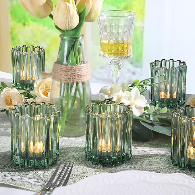 HAVITI Glass Green Votive Candle Holder, Ribbed Votive Candle Holders Set of 12, Tealight Candle Holder for Wedding Centerpieces Dinner Party Table Decor