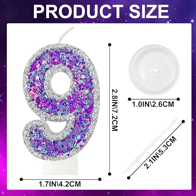 K-pop Number 9 Birthday Candle, Star Glitter Filled Number Candle, Purple Silver Fantasy Cake Topper for Birthday Party Decoration