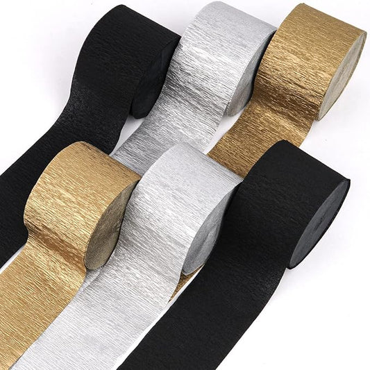 6 Black and Gold Streamers with Silver, 492ft Pack of Crepe Paper Streamers for Party Decorations, Birthday Streamers (1.8 inch x 82 ft/Roll)