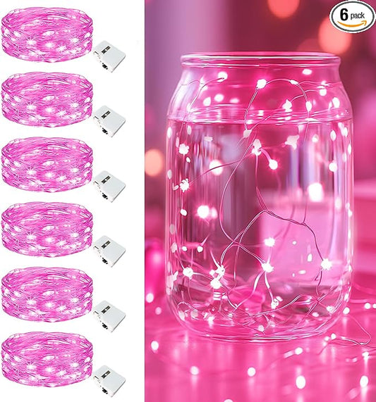 6 Pack Fairy Lights Battery Operated - 7ft 20 Led Twinkle Lights 3 Modes, Bulk Mini String Light Waterproof for Mason Jars Vases DIY Party Wedding Decoration Mothers Day- Pink