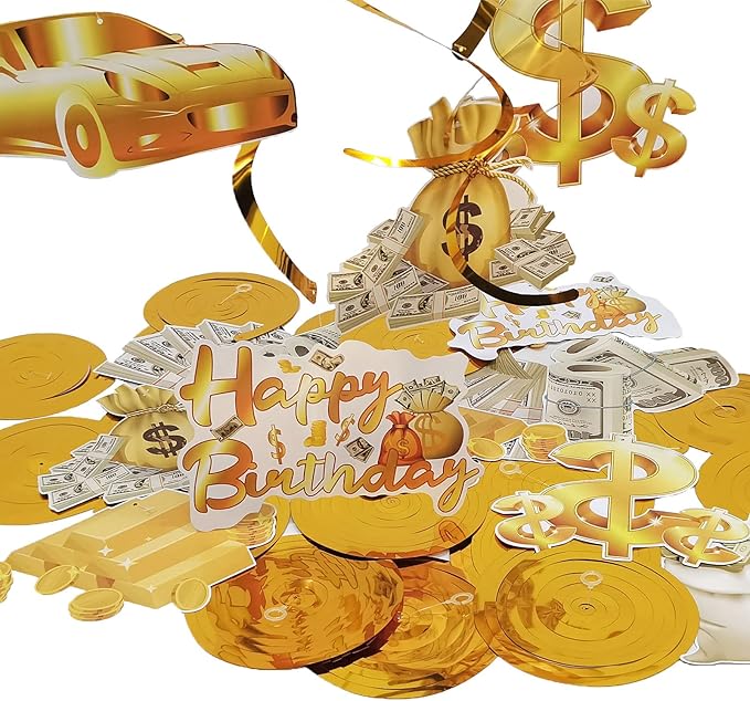 Money Party Decorations Big Bucks Balloons Gold Money Theme Hanging Swirls Dollar Bill Signs Currency Symbol Money Bag Happy Birthday Party Decorations for Adults Buchona Casino Gangster Party 31 pcs