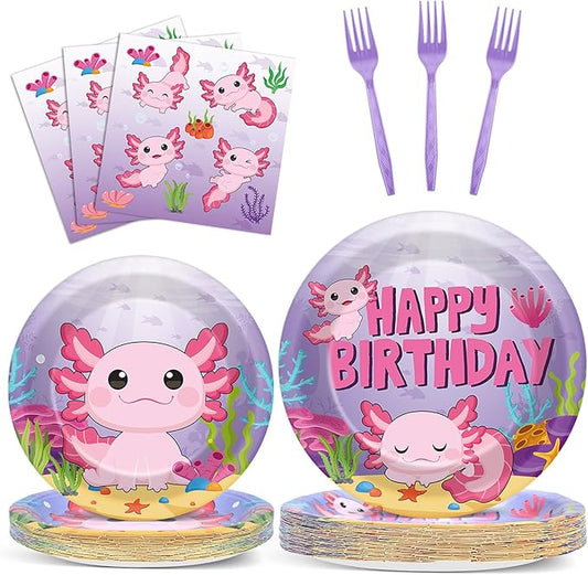 100 Pcs Axolotl Birthday Party Supplies Pink Axolotl Disposable Paper Plates Forks Tableware Sets Cute Cartoon Reptile Animals Happy Birthday Decorations for Kids Girls Baby Shower Serve 25 Guests