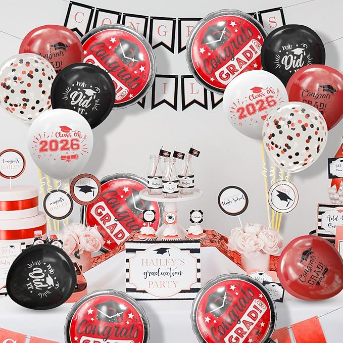 GuassLee Graduation Black and Red Balloons 2026 - Grad Latex Confetti Balloons with Congrats Grad Foil Balloons for Graduation Party Decorations Supplies, 60Pcs
