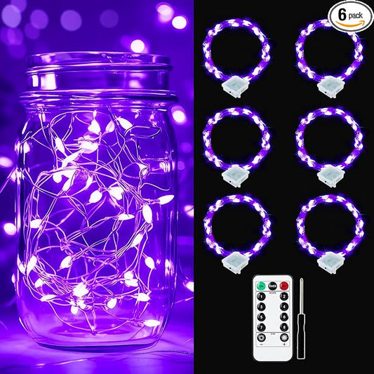 pozzolanas 6 Pack Purple Battery Operated String Lights with Remote - 7ft Waterproof Fairy Lights with 20 LEDs for Home, Mason Jar, Party, Wedding, Halloween, Christmas Decorations