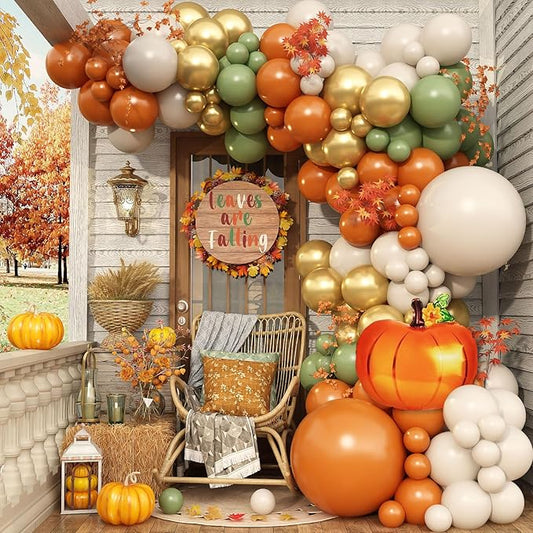Fall Balloons Garland Arch Kit, Burnt Orange Pumpkin Foil Balloons, Orange Green Sand White Gold Balloon for Little Pumpkin Baby Shower First Birthday Thanksgiving Fall Autumn Harvest Party Decoration