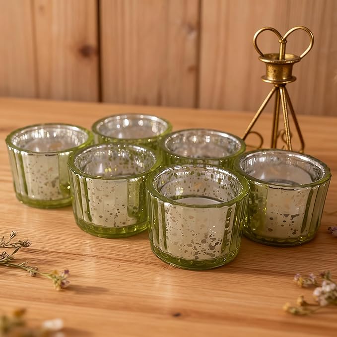 Round Clear Votive Candle Holders Set of 12, Purple Wedding Centerpiece Table Decorations, Mercury Glass Tealight Candle Holder for Bridal Shower, Baby Shower & Home Decor (Green)