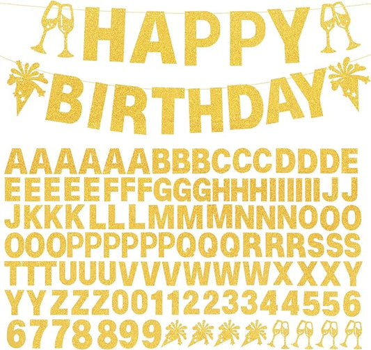 129Pcs DIY Custom Letter Banner Glitter Customizable Banner Kit 0-9 Numbers DIY Happy Birthday Letters Light Rope Personalized Banners for Wedding Birthday Party Decorations Supplies(Dazzling Glod)