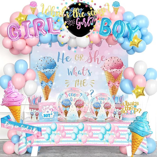 Whats The Scoop Gender Reveal Decorations, Ice Cream Boy or Girl Party Supplies, Pink and Blue Backdrop Banner Balloon Tablecloth Plate Napkin Cup Straw Knife Spoon Fork Sash 230 PCs