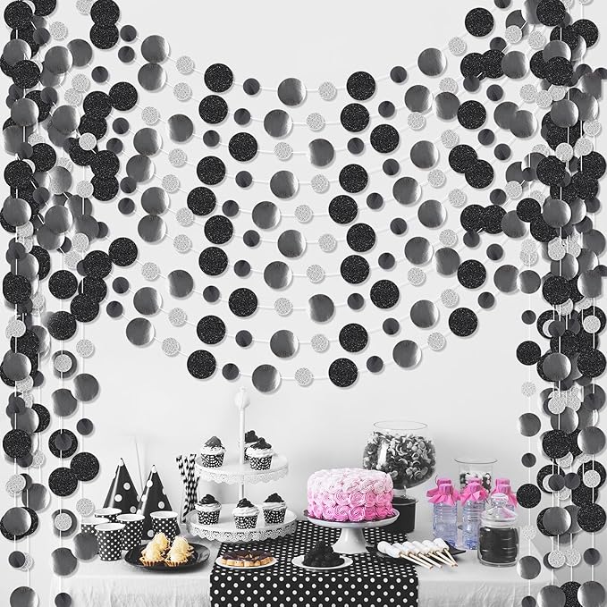 Outus 10 Pieces Black,Silver Round Dots Garland Graduation Party Hanging Decor Each Length 13.1ft Glitter Paper Dot Streamers for Birthday Wedding Classroom Supplies