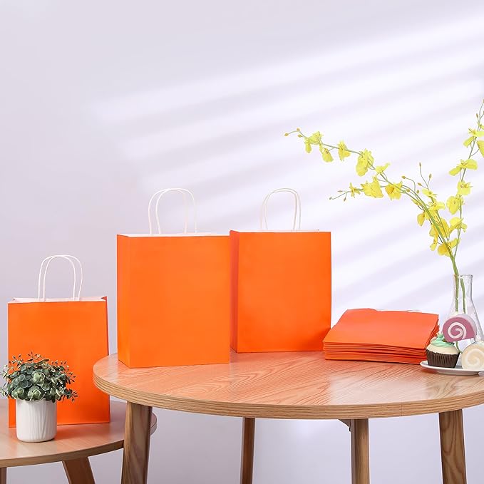 SUNCOLOR 25 Pack Orange Gift Bags with Handles – 8x4.5x10 Medium Bags for Shopping, Retail, DIY, Wedding, Party Favors & Special Occasions
